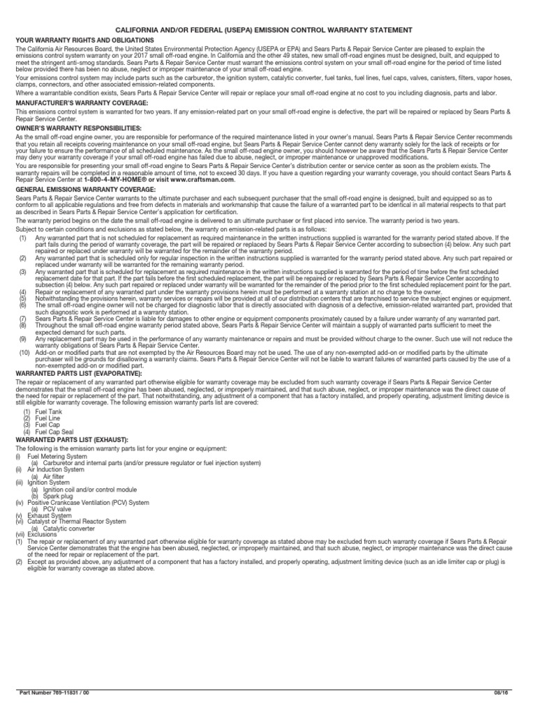 California And/Or Federal (Usepa) Emission Control Warranty Statement