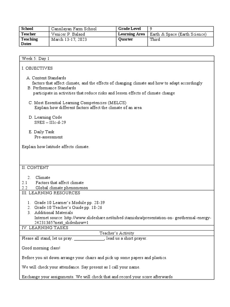 Grade 9 Science LP Week 5 | PDF | Travel | Science & Mathematics