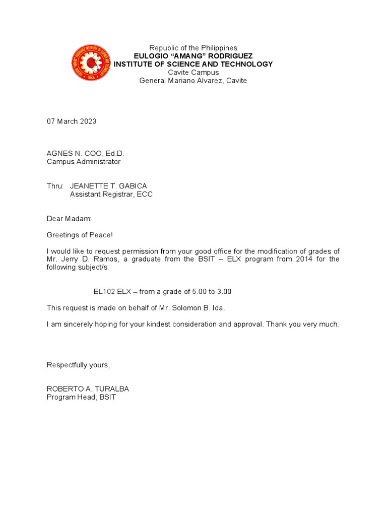 Letter For Correction of Grades PDF