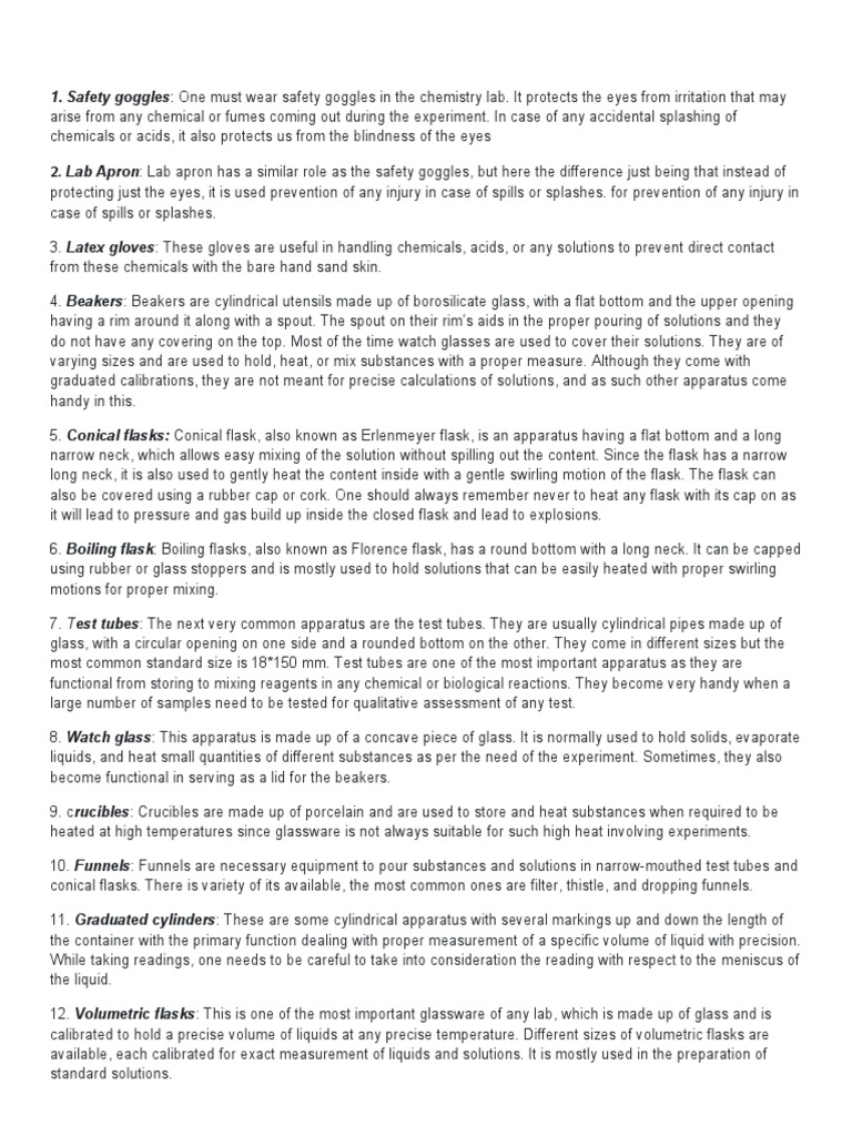 Lab Apparatuses and Equipment's Uses and Descriptions PDF Chemistry