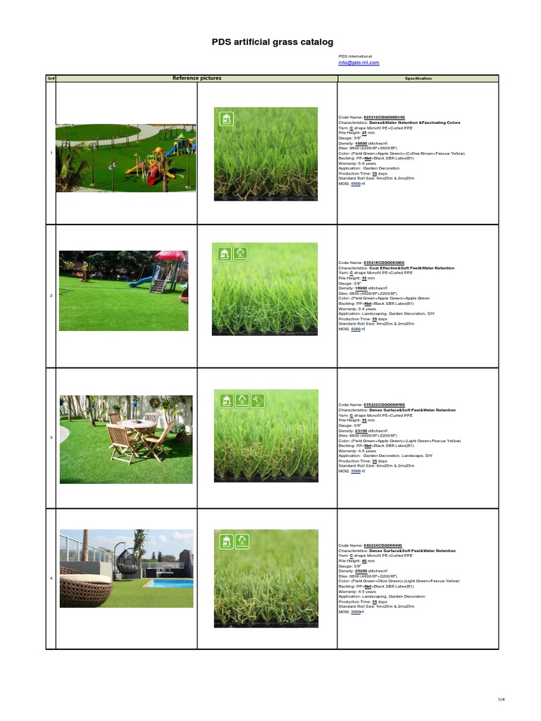 PDS Artificial Grass Specifications Catalog | PDF | Yarn | Textiles