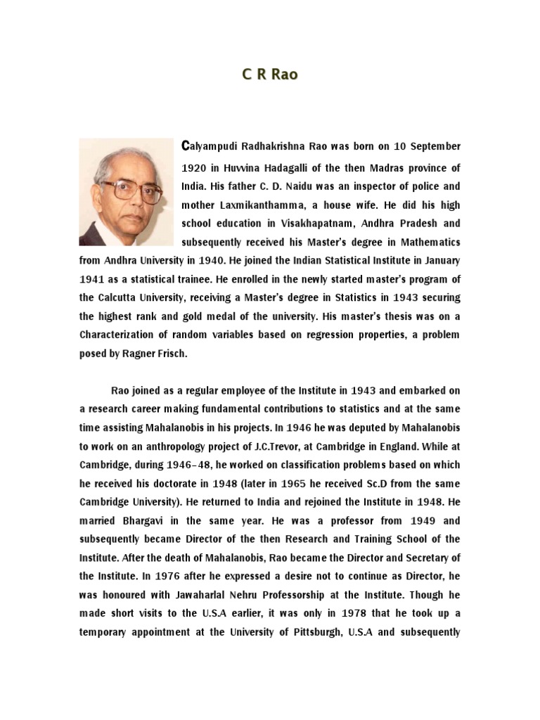 C R Rao Biography | PDF | Mathematical Analysis | Statistics