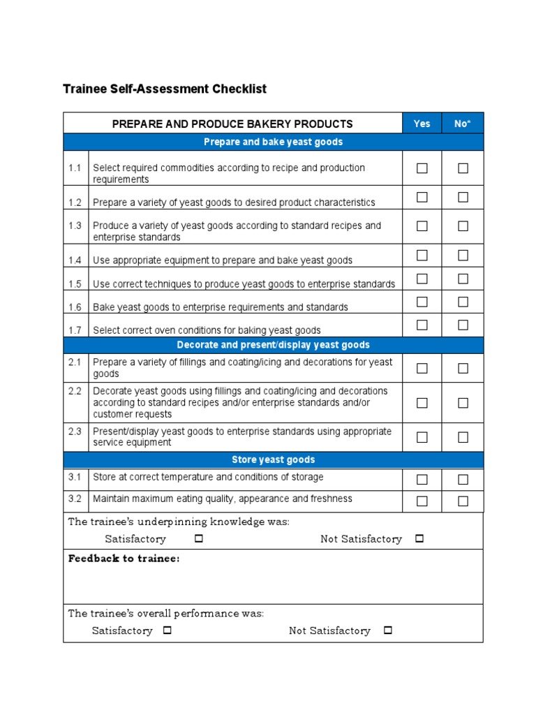 bread and pastry trainees self assessment checklist PDF Bakery Yeast