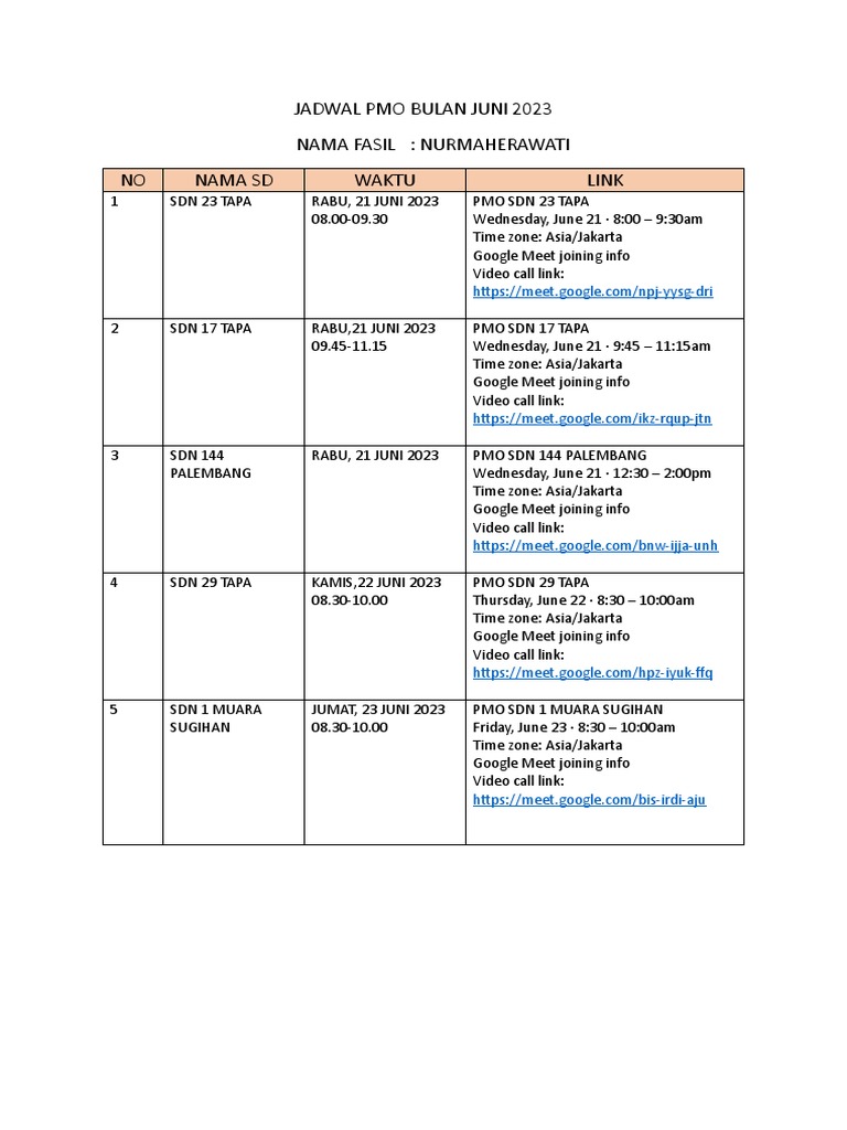 Jadwal PMO Juni 2023 Sekolah SD | PDF