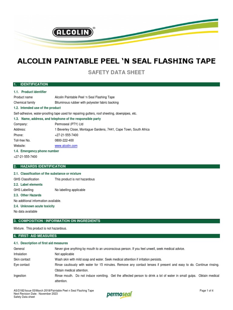Alcolin Paintable Peel N Seal Flashing Tape SDS PDF