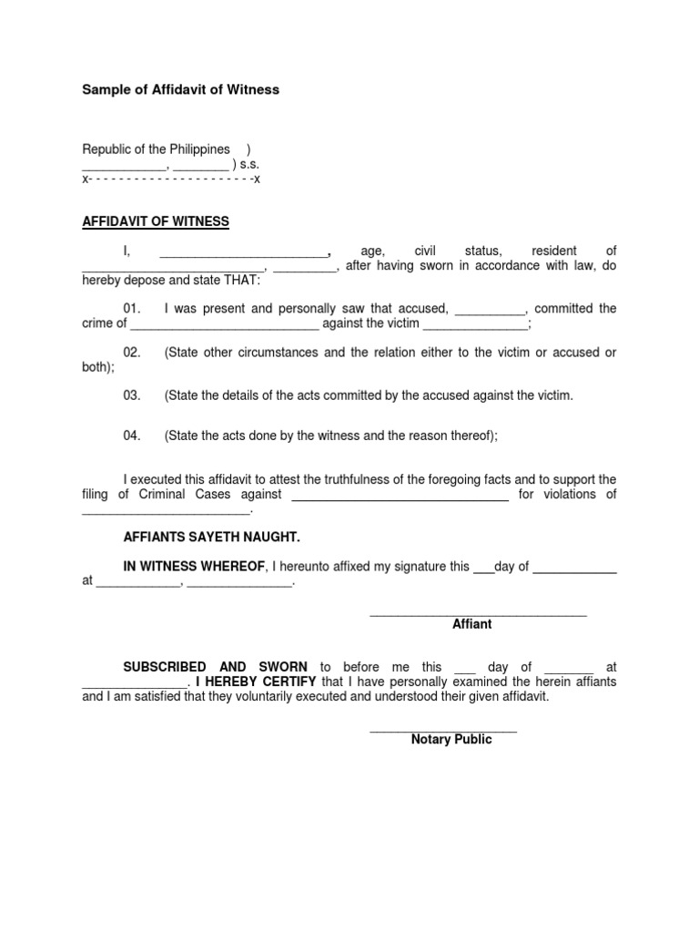 affidavit for format witness of Affidavit Witness of Sample