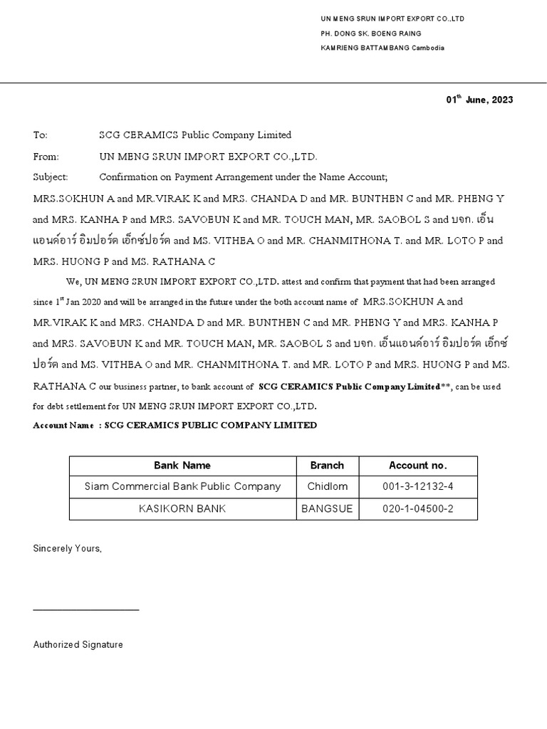 Letter About Payment Arrangement of UN PDF Finance Money Management