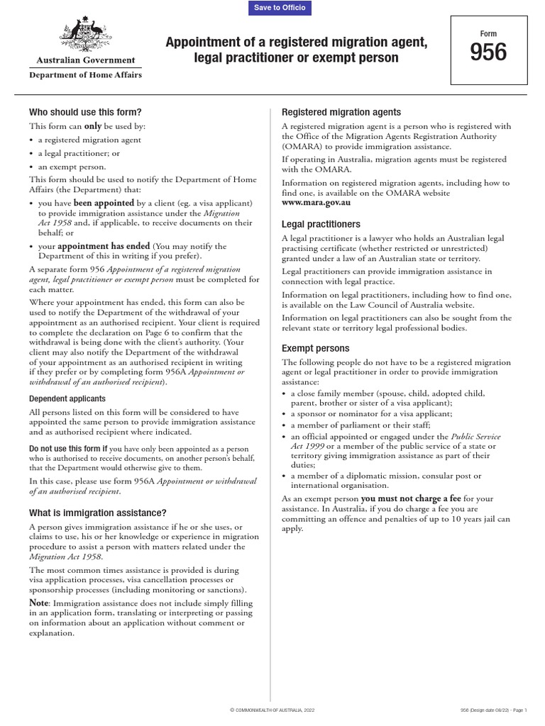 956 Appointment of A Registered Migration Agent Legal Practitioner or ...