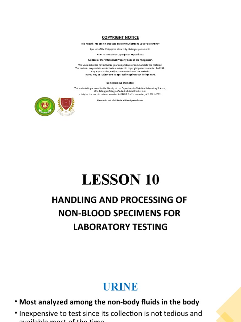 Lesson 10 Handling and Processing of Non Blood Specimens For Lab