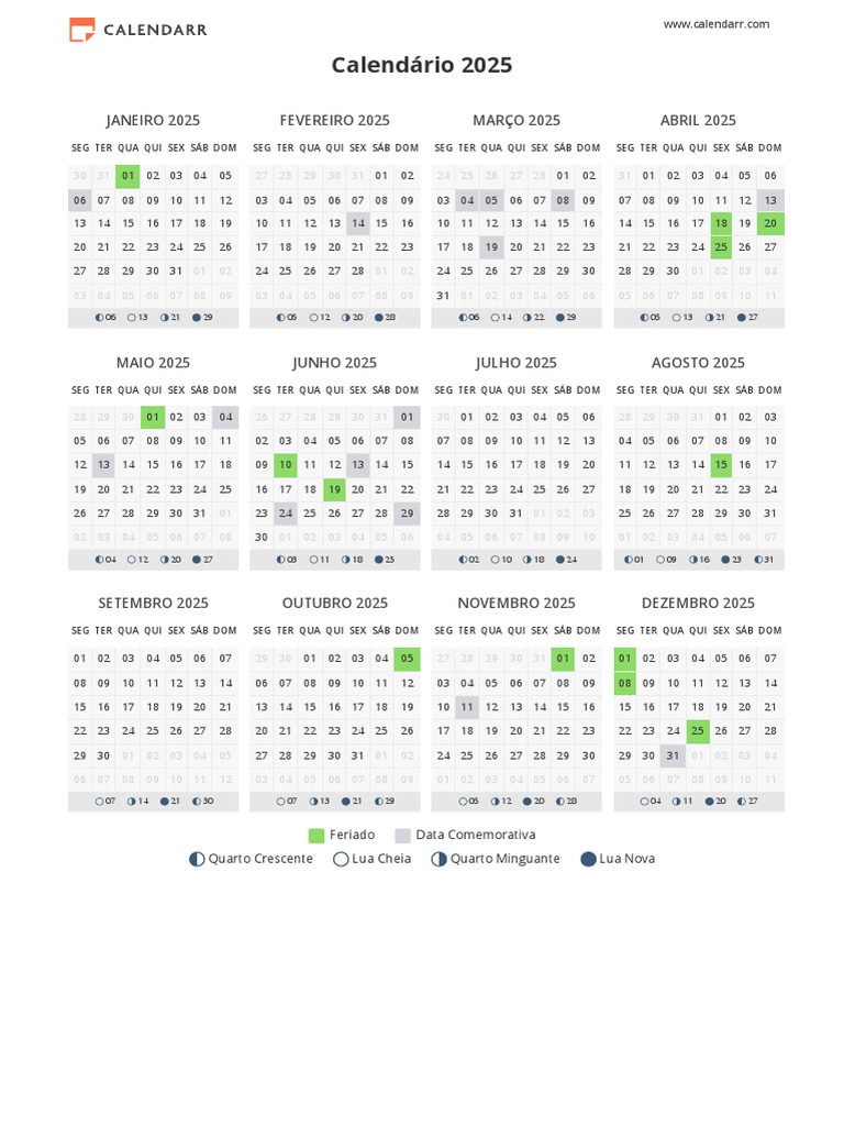 Calendário 2025 para Imprimir Calendarr PDF Comemorações