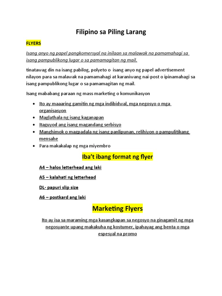 Filipino Sa Piling Larang Word PDF