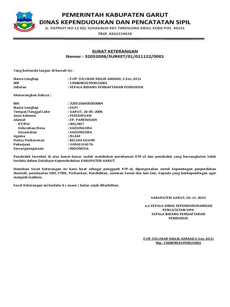 Surat Keterangan KTP Sementara Garut | PDF
