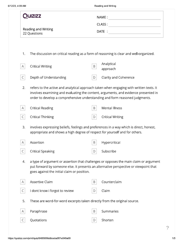 Reading and Writing Quiz PDF