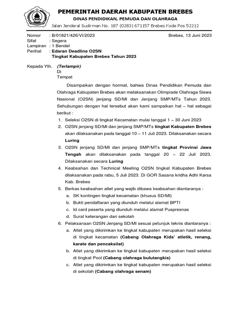 Edaran O2SN Kabupaten Brebes 2023 | PDF