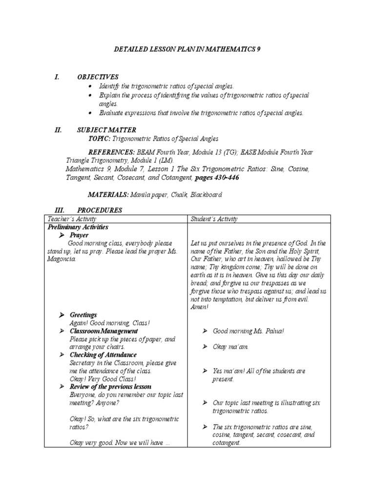Trigonometric Ratios Lesson Plan | PDF | Trigonometric Functions ...