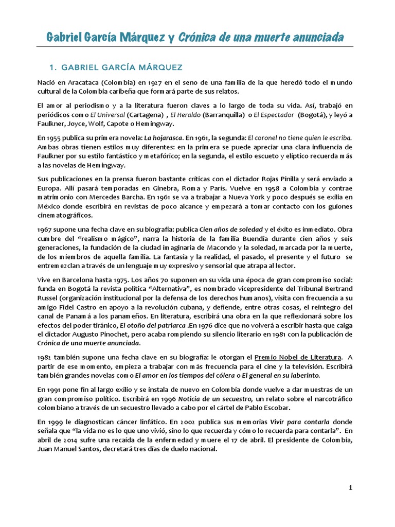 Gabriel García Márquez y Crónica de Una Muerte Anunciada | PDF ...
