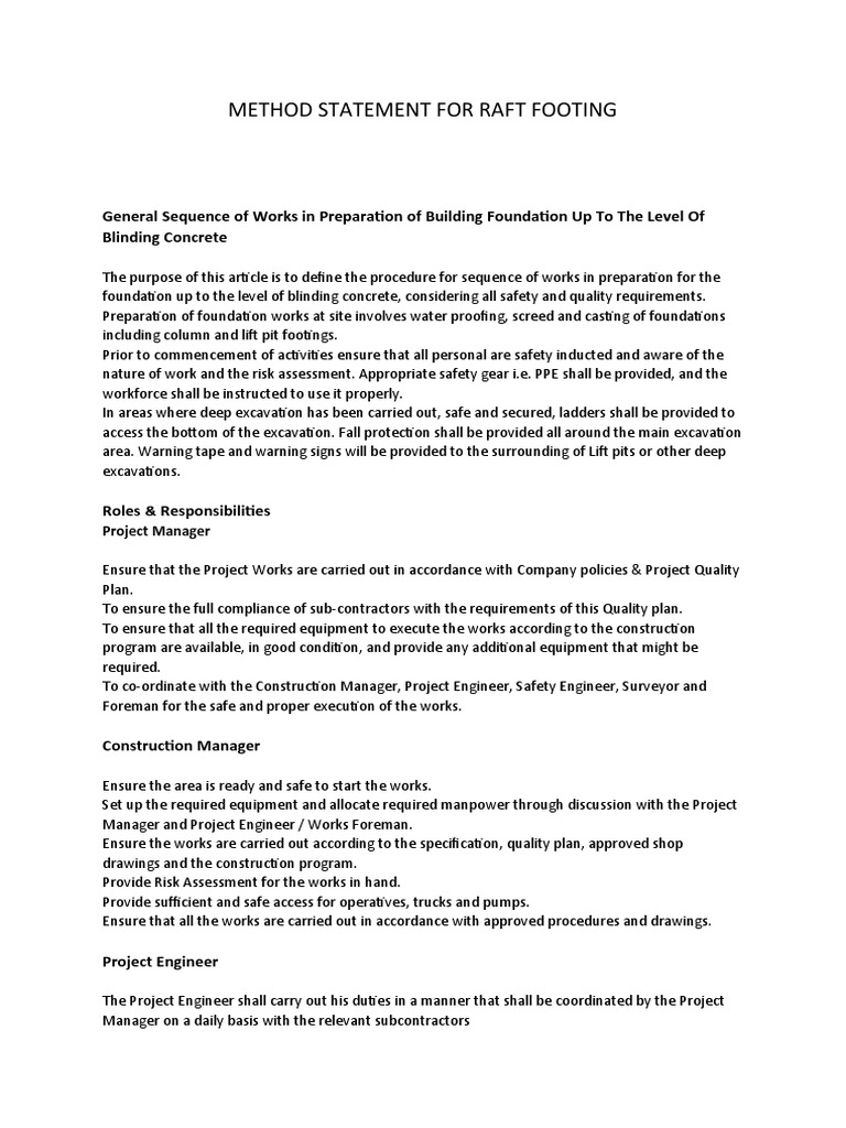 Raft Footing Construction Method Statement | PDF | Concrete | Building ...