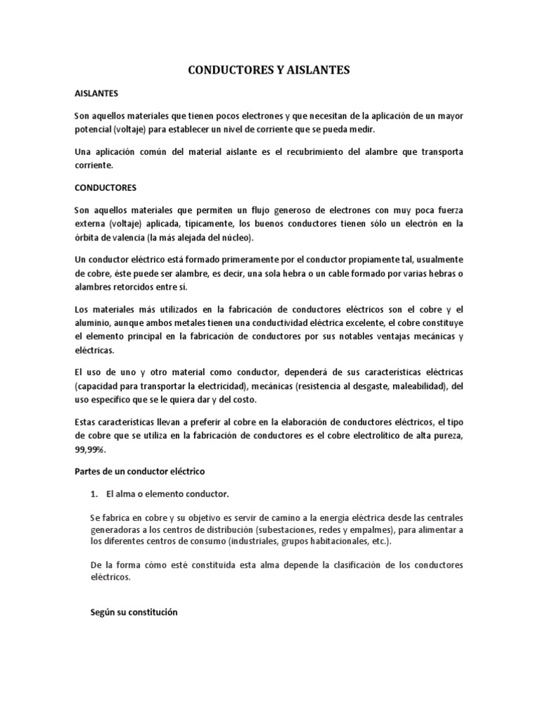 Conductores y Aislantes | PDF | Aislador (Electricidad) | Cobre