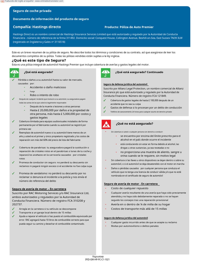 IPID Hastings Premier Comprehensive Car Policy With Roadside