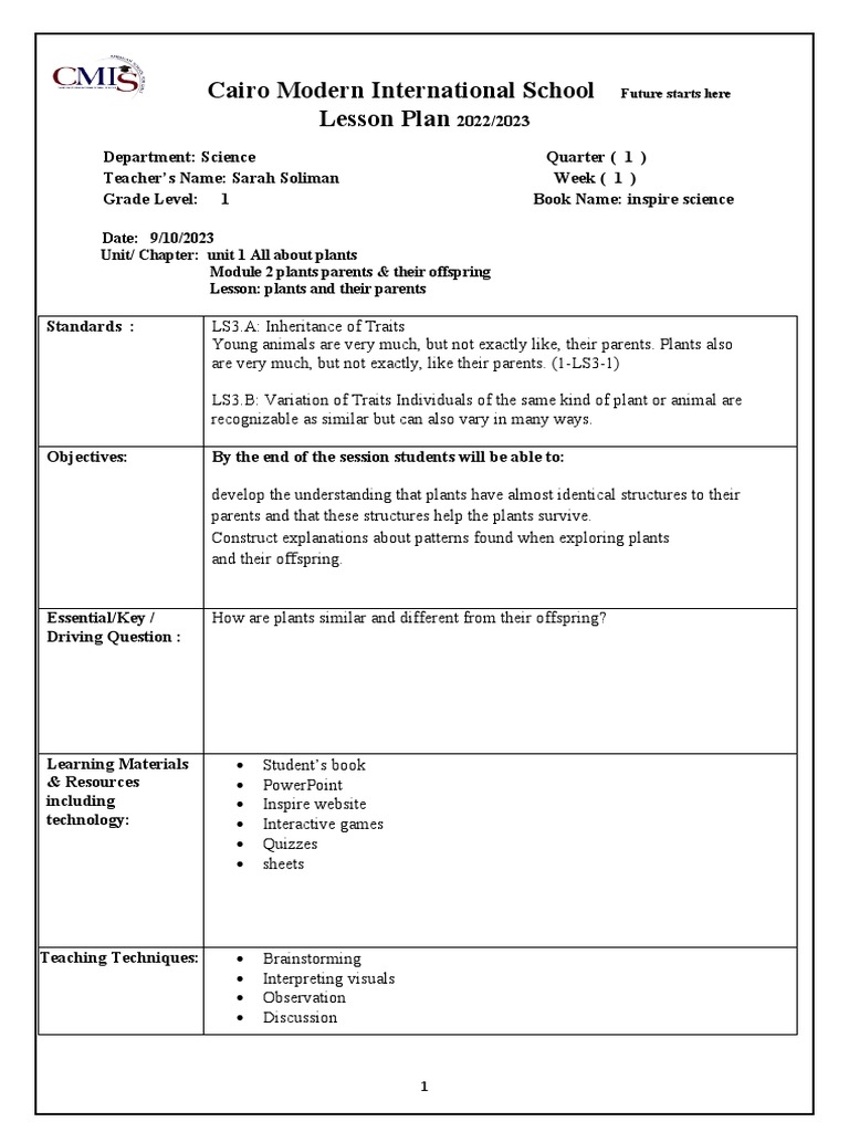 Plants and Their Offspring: Grade 1 Lesson | PDF | Lesson Plan | Trees