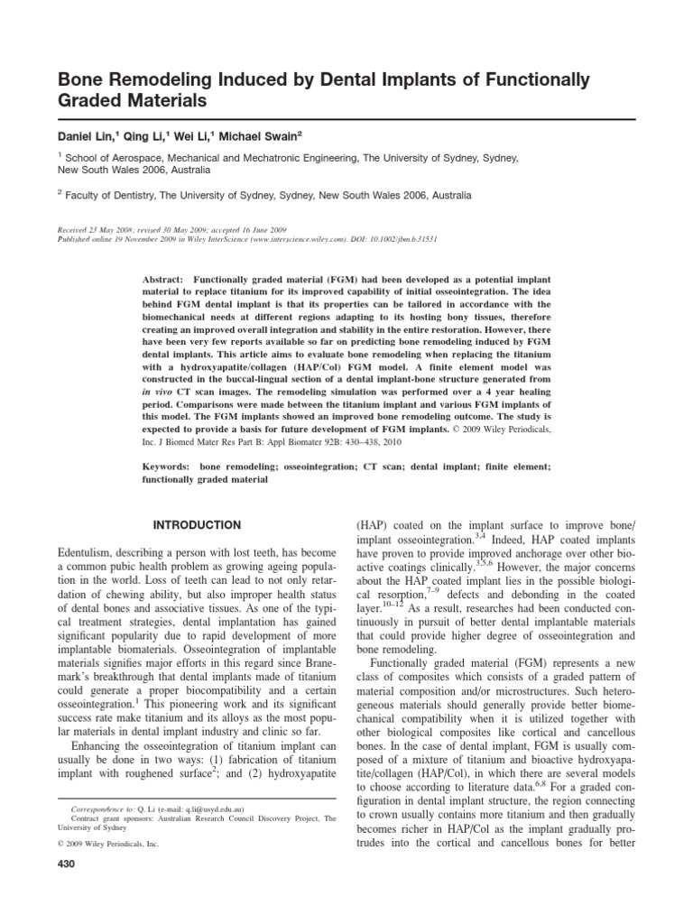 Bone remodeling induced by dental implants of functionally graded