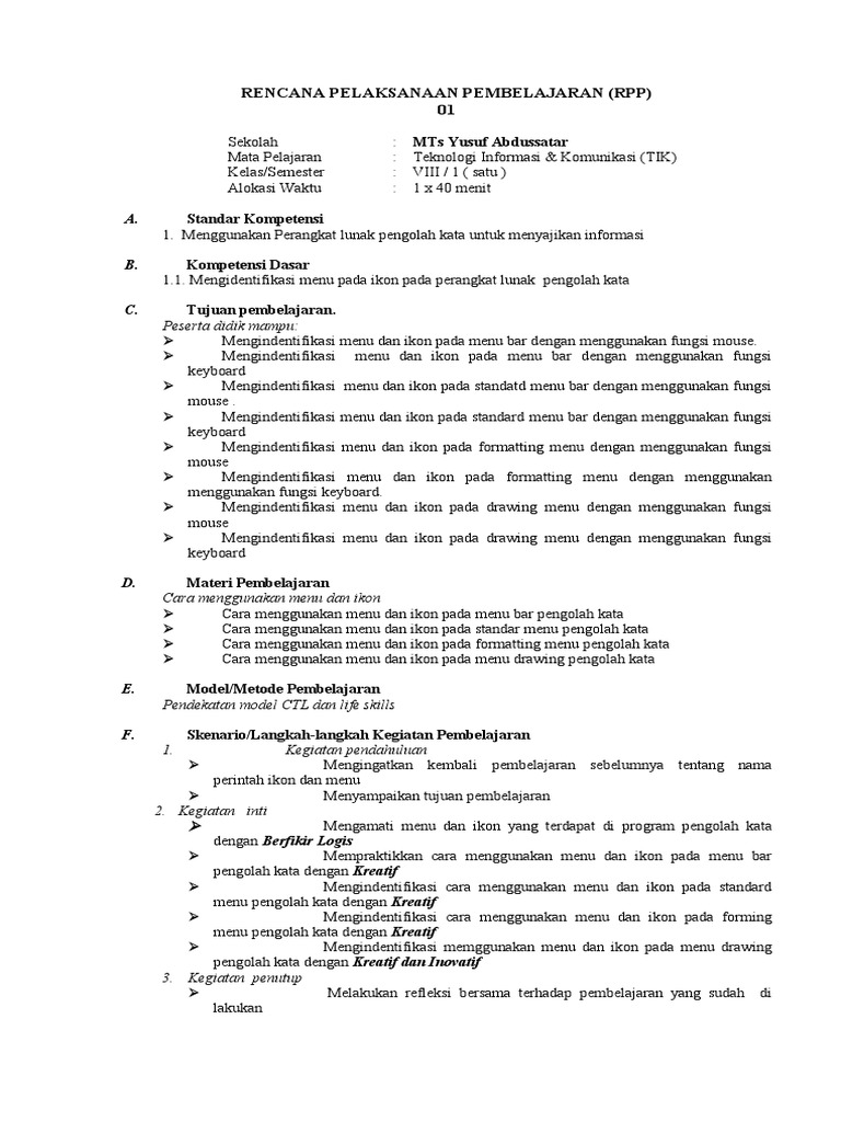 RPP TIK Kelas VIII: Menu dan Ikon | PDF