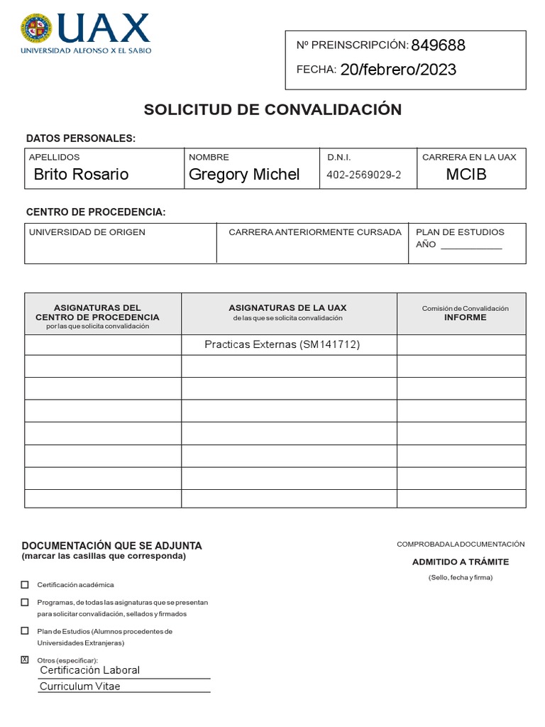 Solicitud de Convalidación UAX | PDF