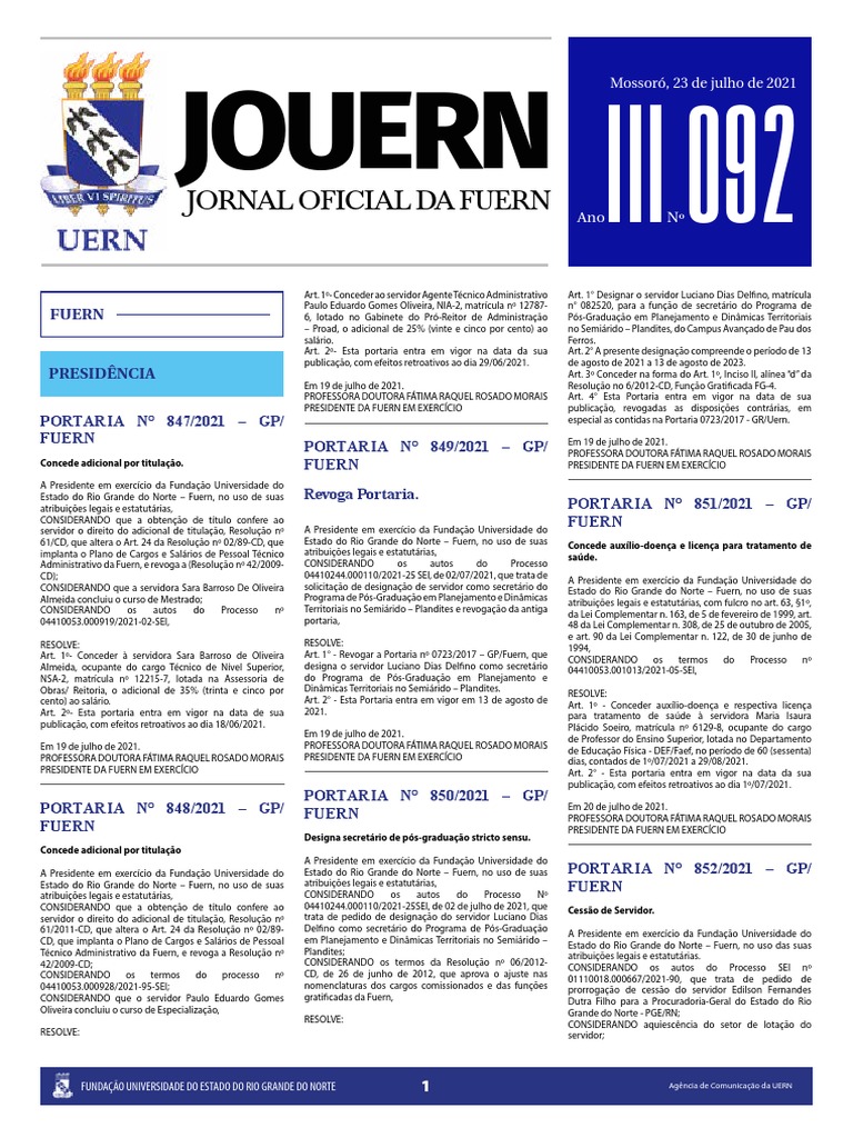 UERN Jornal Oficial 092 23 Julho 21 | PDF | Pós-graduação