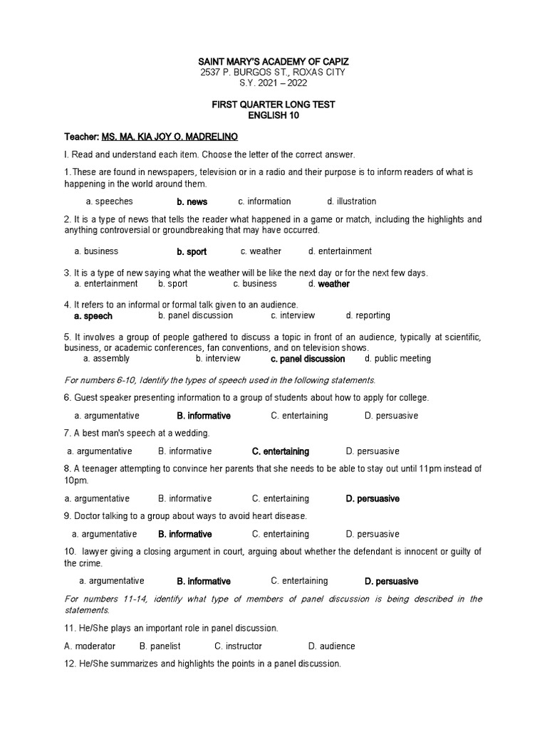 English 10 First Quarter Long Test | PDF | Career & Growth | Language ...