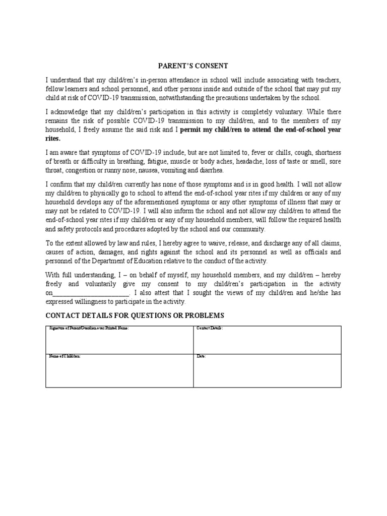 Parent Consent for School Events | PDF
