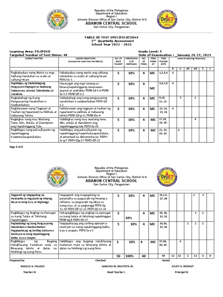 Tos in filipino 5 second pdf