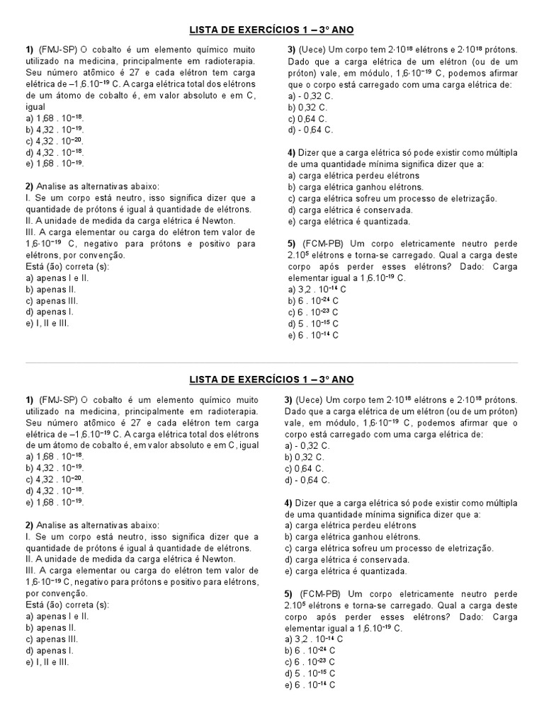 Exercícios de Física Cargas Elétricas PDF Carga elétrica Elétron