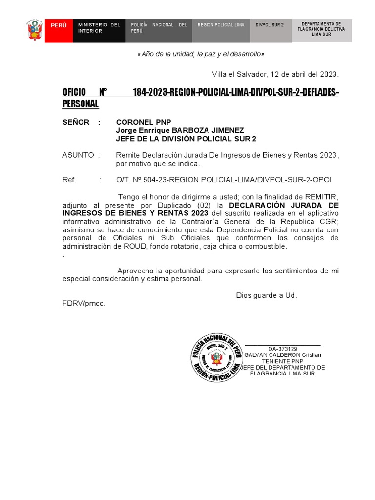 Remite Declaración Jurada de Ingresos de Bienes y Rentas 2023 | PDF
