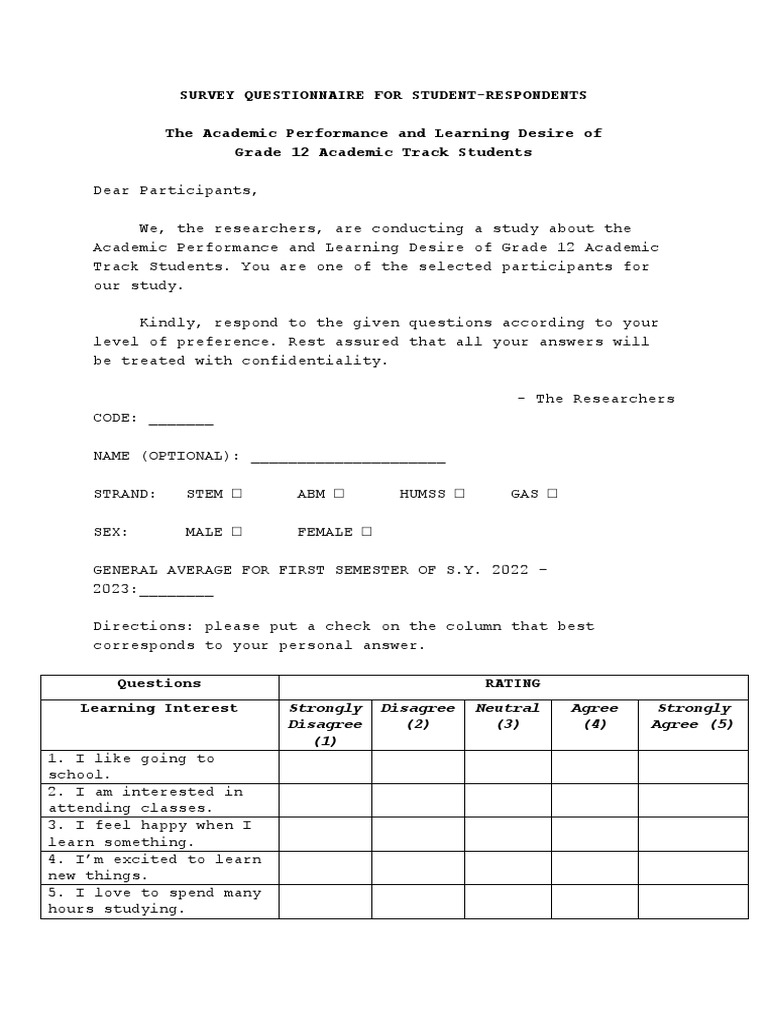 Grade 12 Student Academic Survey | PDF