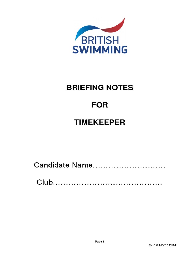 Timekeeper Workbook | PDF | Swimming (Sport) | Leisure Activities