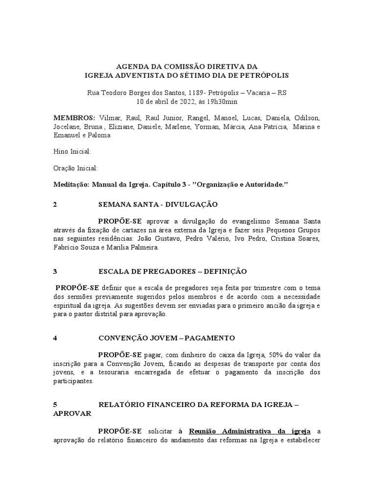 1-Modelo de Agenda Comissão Diretiva | PDF
