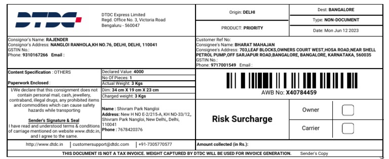 DTDC Priority Shipment Details | PDF | Service Industries | Trade