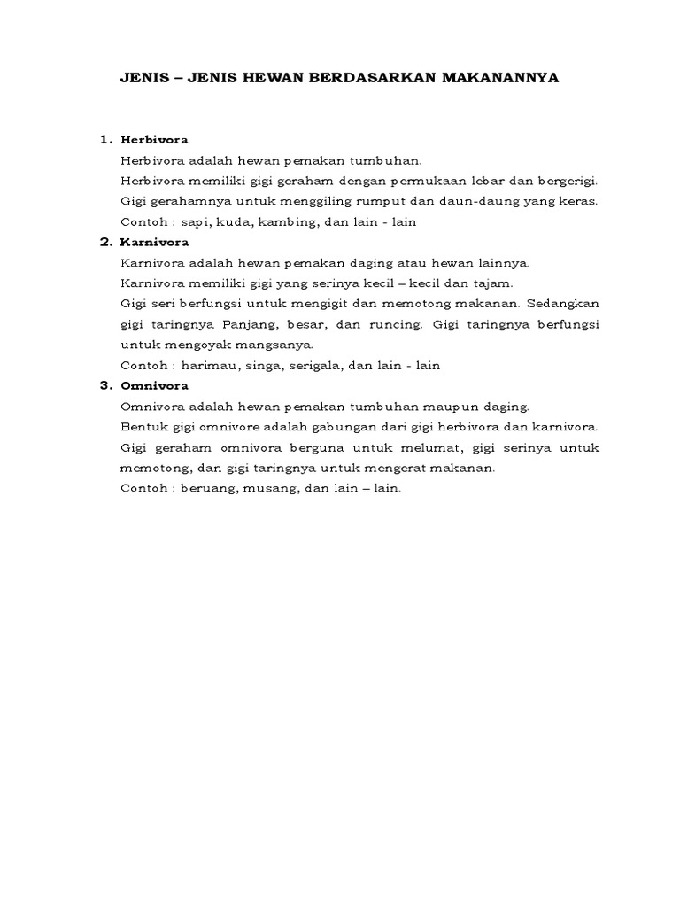 Jenis Hewan Dan Makanannya | PDF