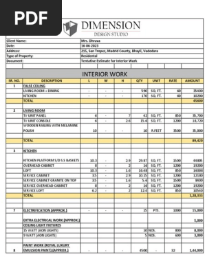 Mrs. Dhruva Tentative Estimate for Interior Work