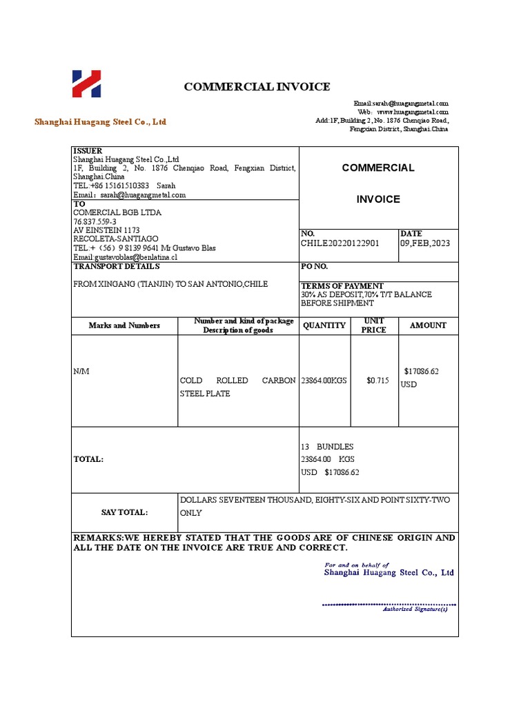 Cold Rolled Steel Plate Invoice | PDF