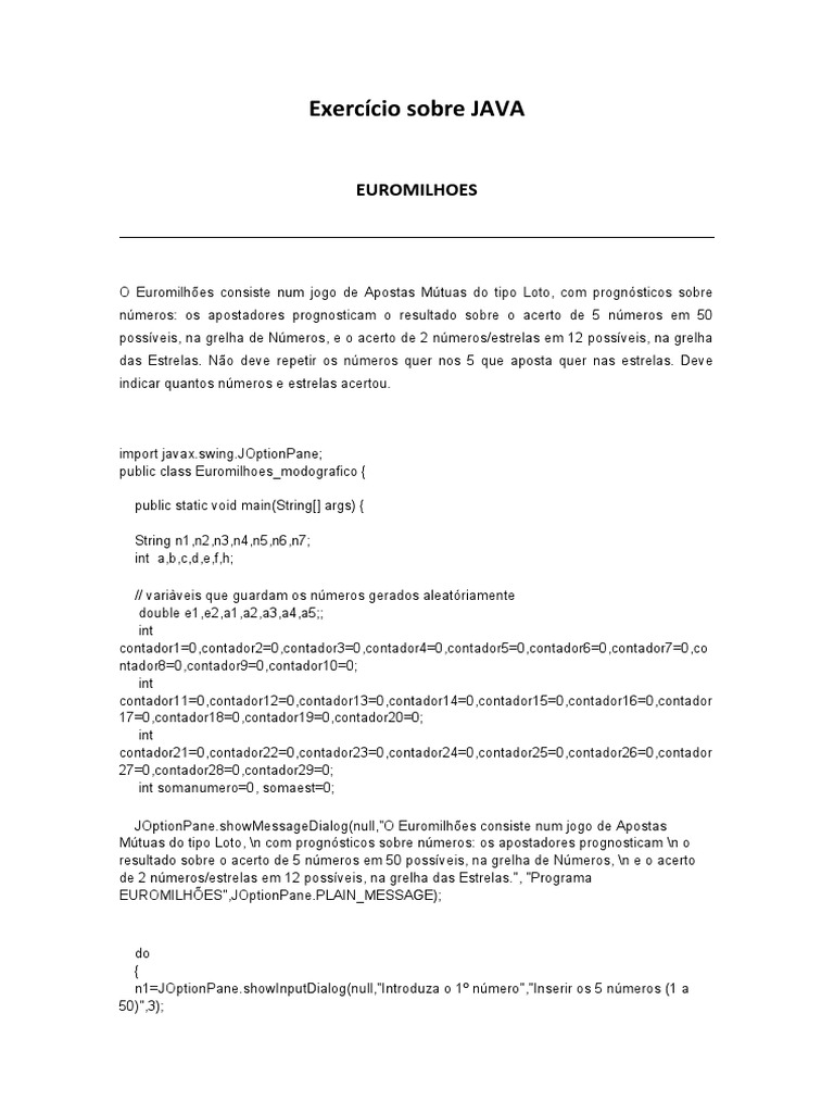 JAVA Euromilhoes | PDF | Programação de computadores | Informática