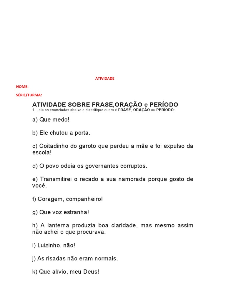 Atividade Sobre Frase, Oração e Período | PDF