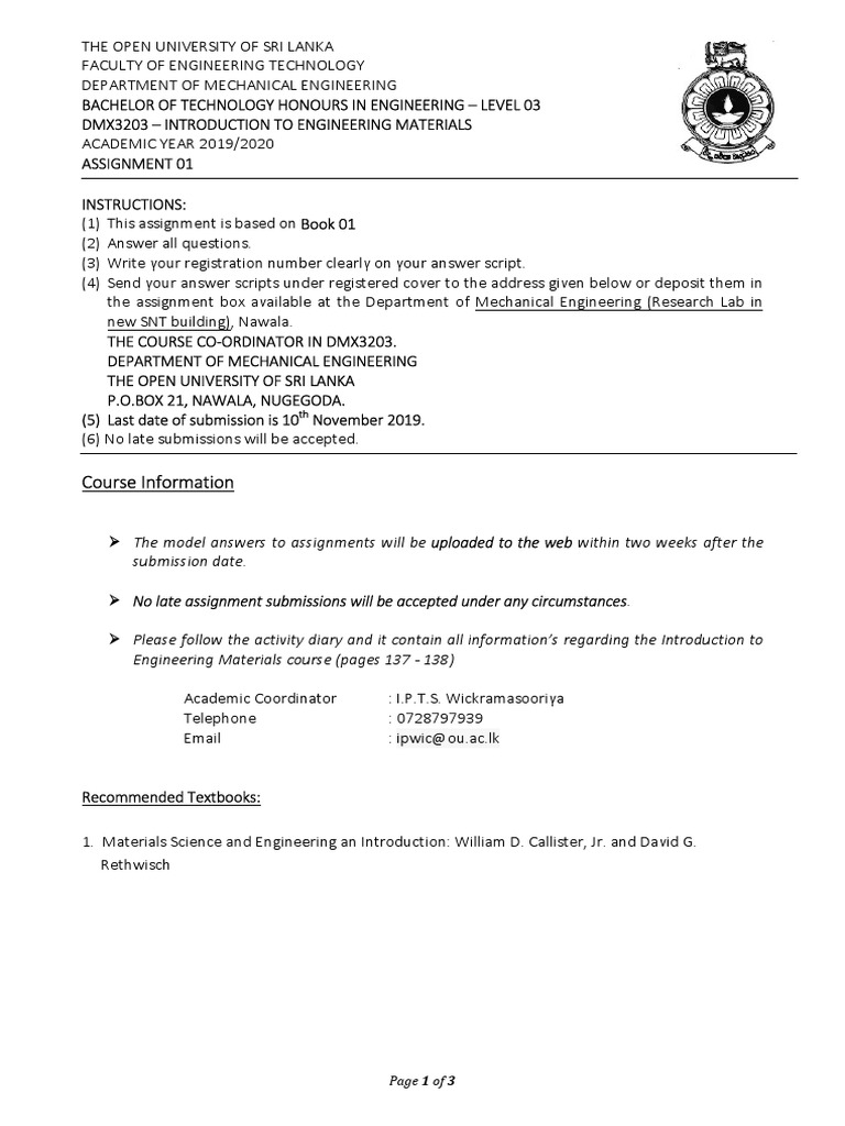 Engineering Materials Assignment 01 | PDF | Crystal Structure ...