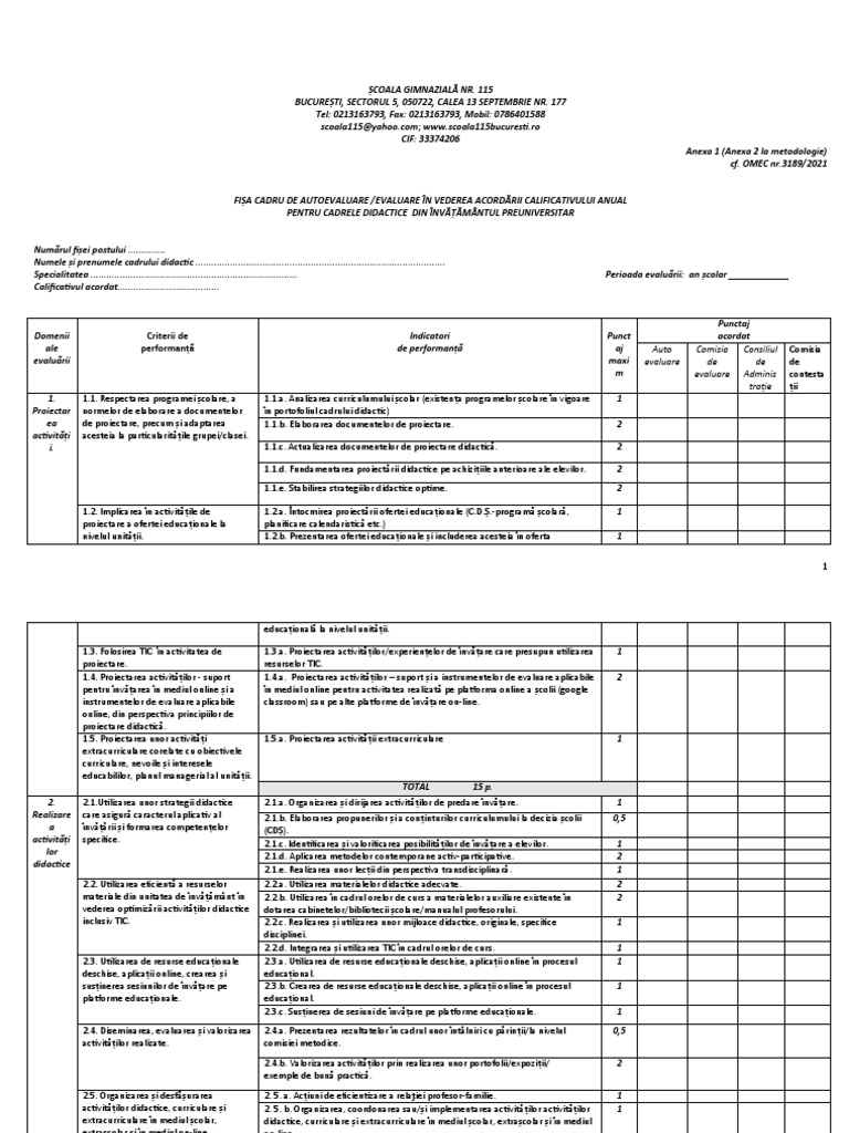 Fisa Cadru de Autoevaluare Evaluare 2022 2023 | PDF