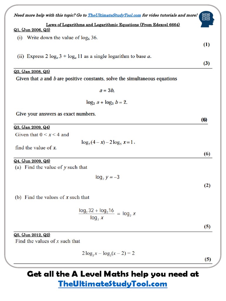Y1 Pure Laws of Logarithms and Logarithmic Equations Exam Questions PDF