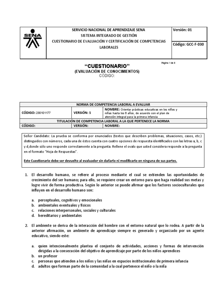GCC-F-030 Cuestionario | PDF | Aprendizaje | Evaluación