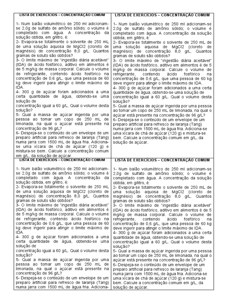 Lista de Exercícios Concentração Comum | PDF | Concentração ...