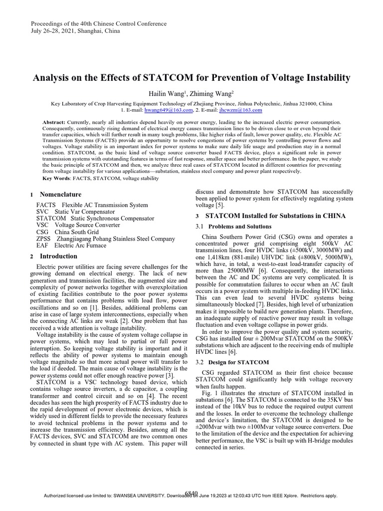 Analysis On The Effects of STATCOM For Prevention of Voltage ...