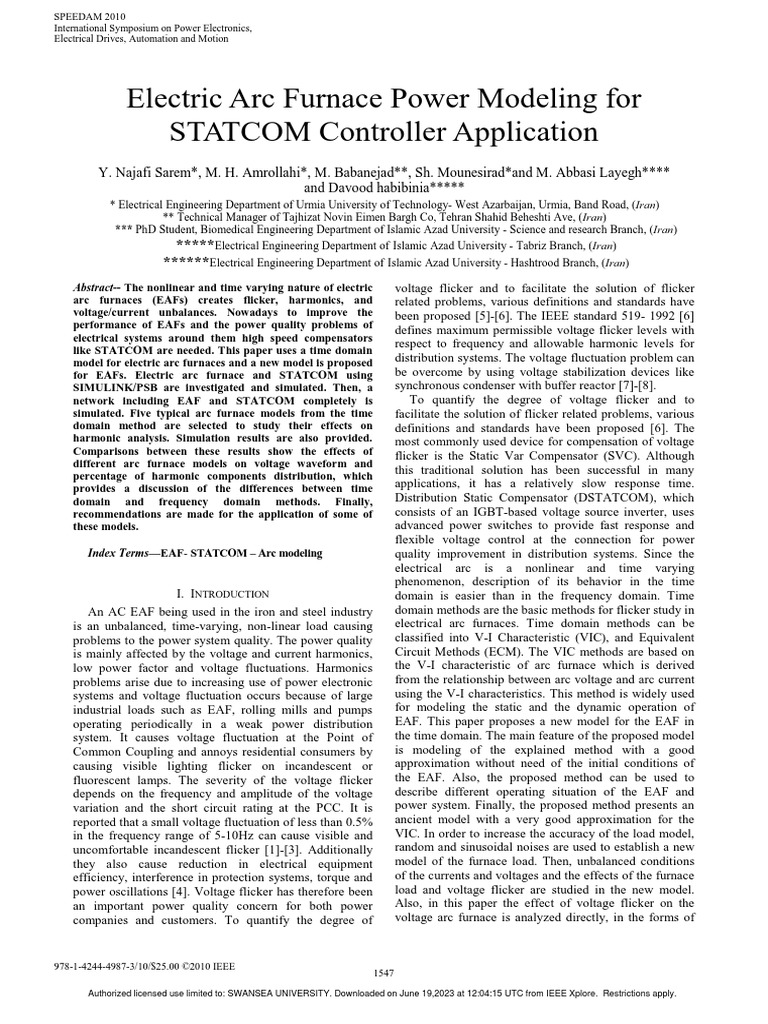Electric arc furnace power modeling for statcom controller application