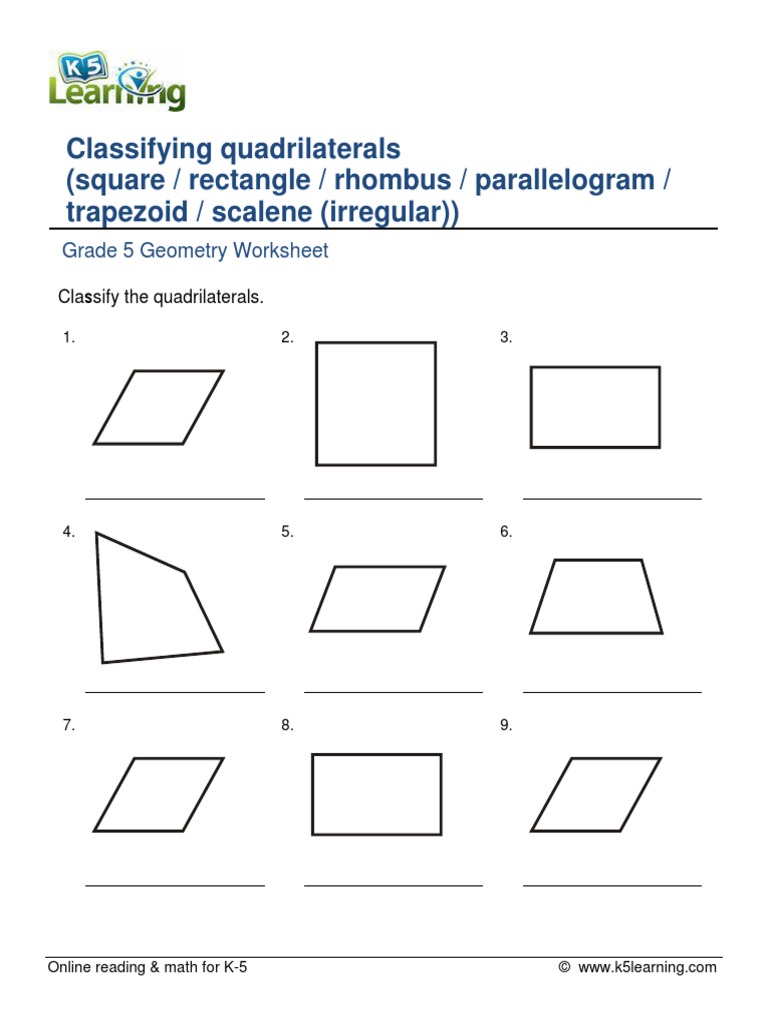 Grade 5 Quadrilaterals Classification Worksheet | PDF
